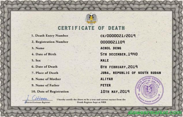 South Sudan death certificate PSD template